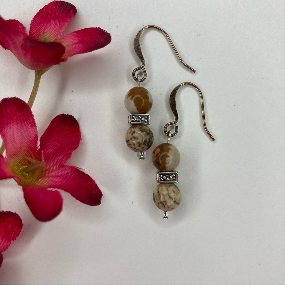 HAND CRAFTED Picture Jasper Beaded Drop EARRINGS Brown 1.25” Silver